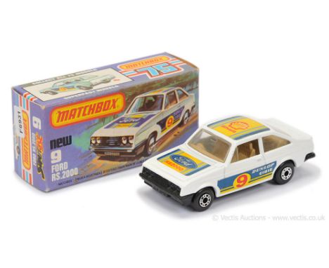 Matchbox Superfast 9c Ford Escort RS2000 - white body with racing number 9 labels, clear windows, dark tan interior, MATT BLA