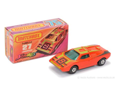 Matchbox Superfast 27b Lamborghini Countach Streakers issue - lighter shade burnt orange body with lime green &amp; black rac