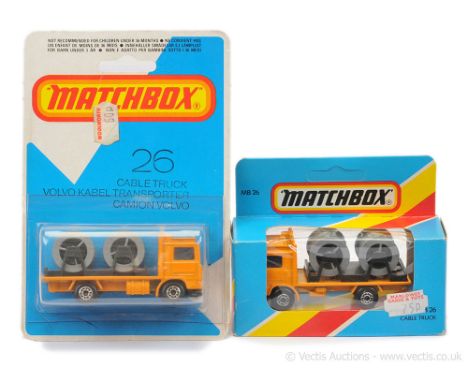 Matchbox Superfast 2 x 26e Volvo Cable Truck - both are orange body, black plastic cradle with silver-grey cable drums, black