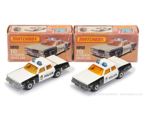 Matchbox Superfast 2 x 10c Plymouth Gran Fury Police Car - both are black &amp; white body with police shield door tampo prin