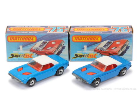 Matchbox Superfast 2 x 1c Dodge Challenger - both are white roof, clear windows, red interior, bare metal base, 5-arch wheels