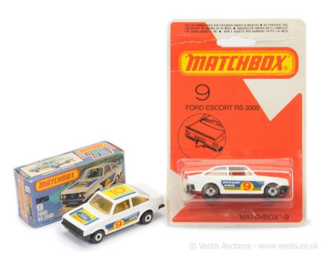 Matchbox Superfast 2 x 9c Ford Escort RS2000 - both are white body with racing number 9 labels, clear windows, gloss black ba