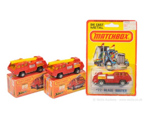 Matchbox Superfast 3 x 22c Blaze Buster Fire Engine - all are lemon yellow plastic ladder, dark amber windows, 5-spoke wheels