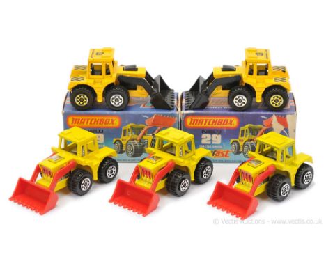 Matchbox Superfast 5 x 29c Tractor Shovel - (1) lemon yellow body, chrome interior, red plastic shovel, lemon yellow plastic 