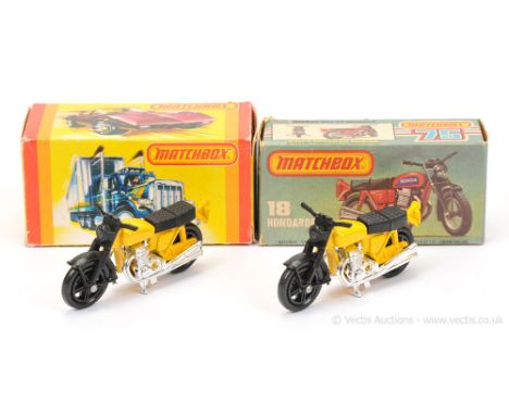 Matchbox Superfast 2 x 18b Hondarora Honda CB750 Motorcycle - both are yellow frame, black plastic front forks &amp; seat, ch