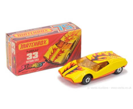 Matchbox Superfast 33b Datsun 126X Streakers issue - lemon-yellow body with black &amp; red tampo print, RARE LIGHT AMBER WIN