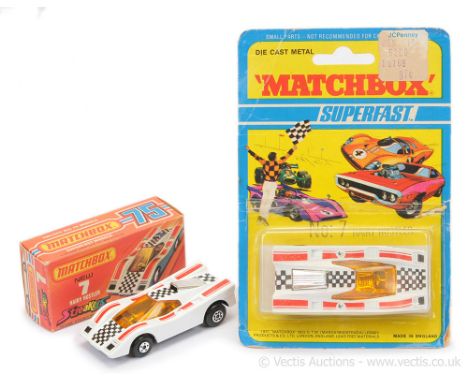 Matchbox Superfast 2 x 7b Hairy Hustler Streakers Issue - both are white body with red &amp; black Tampo Print, dark amber wi