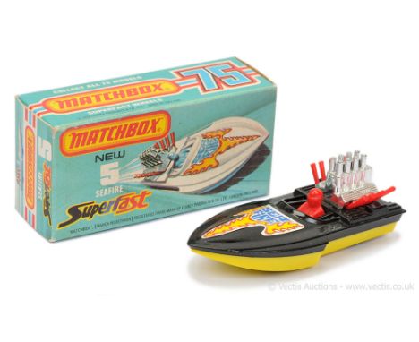 Matchbox Superfast 5b Seafire Power Boat - gloss black deck with lemon yellow plastic hull &amp; base, red plastic driver, re