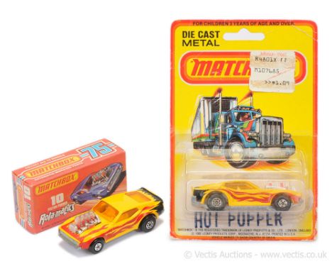 Matchbox Superfast 2 x 10b Ford Mustang Piston Popper - US Issue Hot Popper - both are yellow body with red &amp; black flame