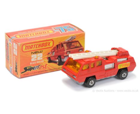 Matchbox Superfast 22c Blaze Buster Fire Engine - brighter red body, RARE WHITE PLASTIC LADDER, dark amber windows, chrome in