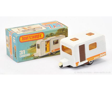 Matchbox Superfast 31c Caravan Twin Pack issue - white body with burnt orange &amp; brown "Mobile 500" tampo print, dark choc