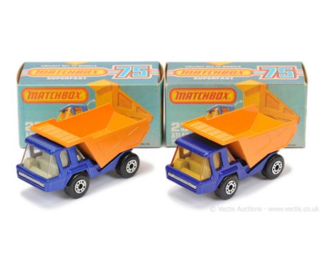 Matchbox Superfast 2 x 23b Atlas Tipper Truck - both are metallic dark blue cab &amp; chassis, orange tipper body (slight sha