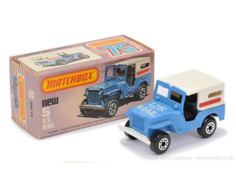 Matchbox Superfast 5c Jeep US Mail Truck - Roman Numeral Issue - light blue body, smooth white plastic roof with dark red lab