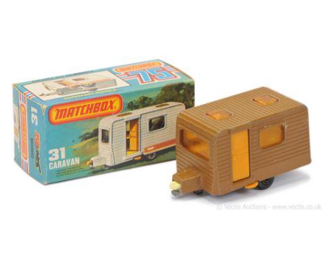 Matchbox Superfast 31c Caravan MADE IN BRAZIL ISSUE - brown body, dark yellow plastic opening door, dark amber windows, pale 