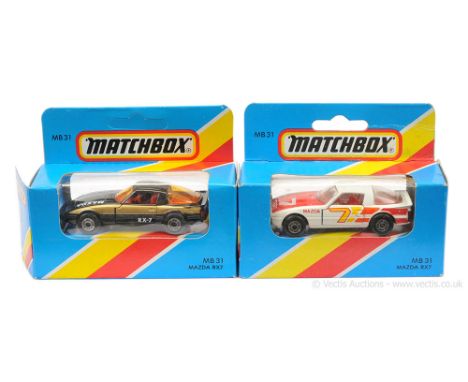 Matchbox Superfast 2 x 31e Mazda RX-7 - both are red interior, matt black Macau base, 5-arch wheels (1) gloss black body with