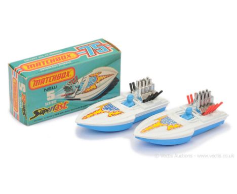 Matchbox Superfast 2 x 5b Seafire Power Boat - both are white deck with blue plastic hull &amp; base, blue plastic driver (1)