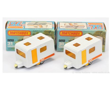 Matchbox Superfast 2 x 31c Caravan - both are white body with orange seagull labels, dark amber windows, pale yellow interior