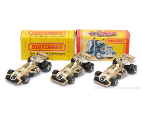 Matchbox Superfast 3 x 28d Formula 5000 Racing Car - all are metallic champagne gold body with black &amp; white racing numbe