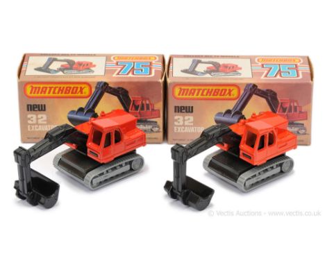 Matchbox Superfast 2 x 32d Excavator - both are burnt orange body with "Atlas" cast to rear, black plastic jib &amp; bucket, 