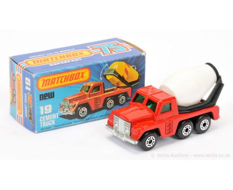 Matchbox Superfast 19c Cement Truck - bright red body with angled rear wheelarch, dark green windows, COLOUR TRIAL WHITE PLAS