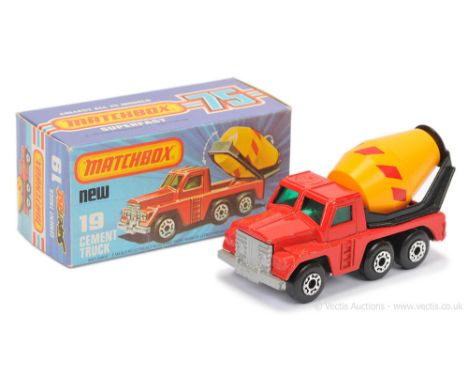 Matchbox Superfast 19c Cement Truck - bright red body with curved rear wheelarch, dark green windows, dark yellow plastic bar