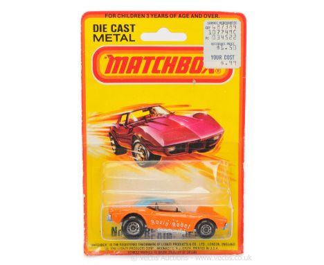 Matchbox Superfast 1d Dodge Challenger Revin' Rebel Dragster - orange body with blue &amp; white tampo print, THIN PRINT DOOR