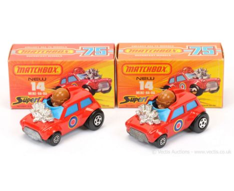 Matchbox Superfast 2 x 14b Mini Ha-Ha - both are blue windows, flesh driver with brown helmet, bare metal base - (1) darker r