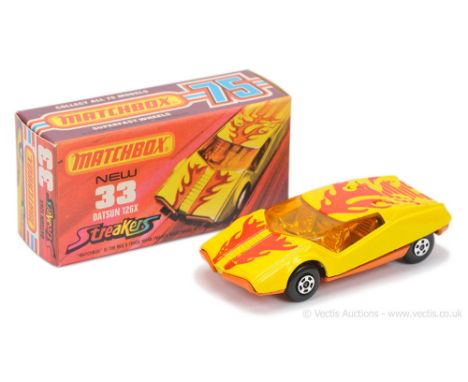Matchbox Superfast 33b Datsun 126X Streakers issue - lemon-yellow body with red &amp; orange flame tampo print, dark amber wi