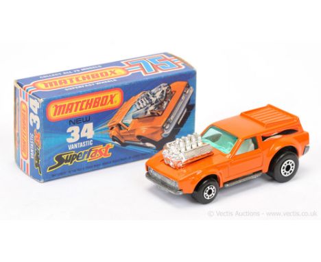 Matchbox Superfast 34b Ford Mustang Vantastic - orange body with exposed engine &amp; "Fishtail" labels, turquoise green wind