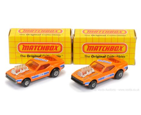 Matchbox Superfast 2 x 10b Ford Mustang Piston Popper US Issue "Good Vibrations" - both are orange body with blue &amp; white