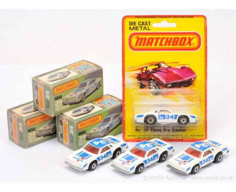 Matchbox Superfast 4 x 34c Chevy Pro-Stocker - all are white body with blue &amp; red racing number 34 tampo print, clear win