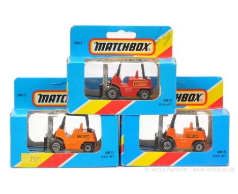 Matchbox Superfast 3 x 15b Lansing Bagnall Forklift Truck - all are later issue with black plastic cage, orange "Hi-Lift" lab