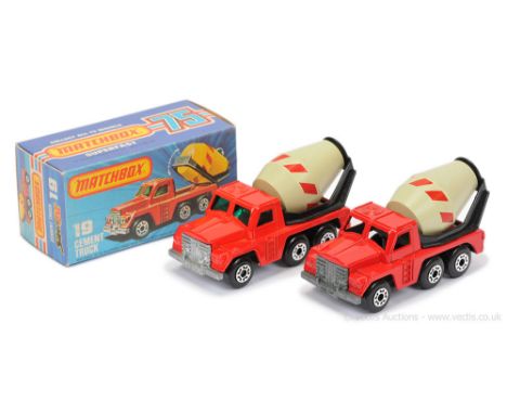 Matchbox Superfast 2 x 19c Cement Truck - both are grey plastic barrel with red stripes, bare metal base, 5-crown wheels (1) 