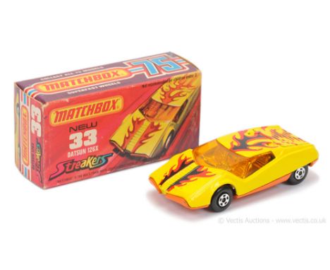 Matchbox Superfast 33b Datsun 126X Streakers issue - lemon-yellow body with black &amp; red flame tampo print, dark amber win