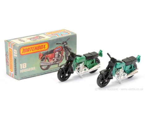 Matchbox Superfast 2 x 18b Hondarora Honda CB750 Motorcycle - both are metallic green frame, black plastic front forks &amp; 