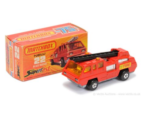 Matchbox Superfast 22c Blaze Buster Fire Engine - brighter red body, RARE BLACK PLASTIC LADDER, dark amber windows, chrome in