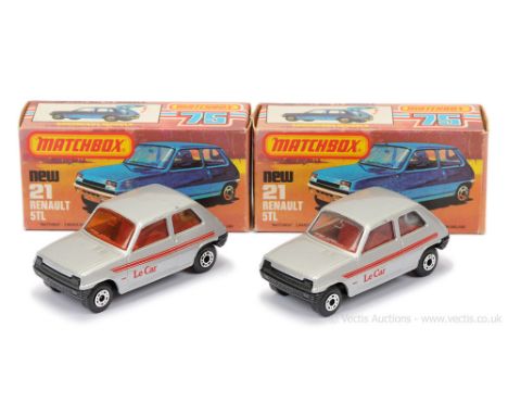 Matchbox Superfast 2 x 21c Renault 5TL - both are metallic silver body with red interior "Le Car" tampo print (1) clear windo