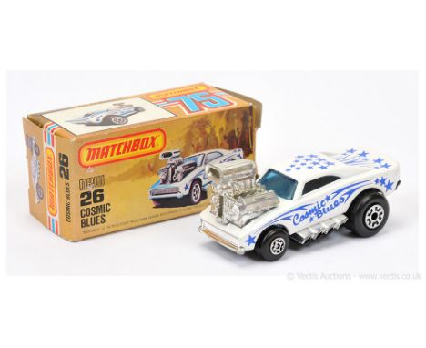 Matchbox Superfast 26d Cosmic Blues Dragster made in Macau transitional issue - white body with darker blue tampo print, ligh