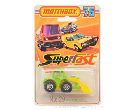 Matchbox Superfast 29c Tractor Shovel - RARE LIME GREEN BODY, chrome interior, lemon yellow plastic shovel &amp; base - Mint 