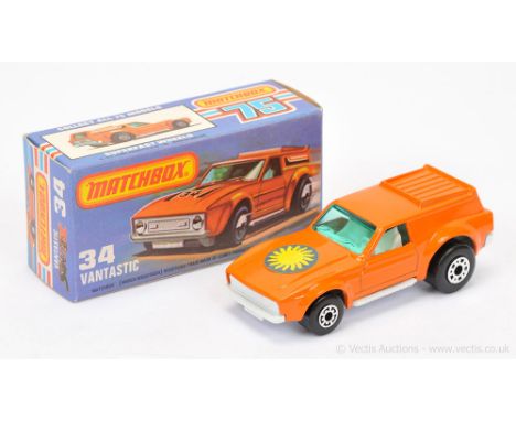 Matchbox Superfast 34b Ford Mustang Vantastic - light orange body with "Sunburst" hood label, turquoise green windows, white 