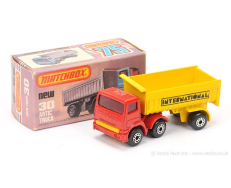 Matchbox Superfast 30d Leyland Articulated Truck - red tractor unit, red windows, dark yellow plastic grille &amp; base witho