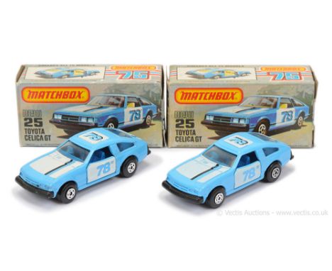 Matchbox Superfast 2 x 25e Toyota Celica GT - both are sky blue body with black &amp; white racing number 78 tampo print, cle