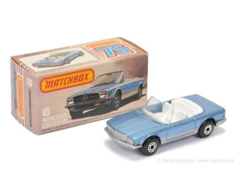 Matchbox Superfast 6c Mercedes Convertible - metallic silver-blue body with silver side stripes, clear windscreen, white inte