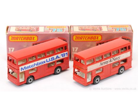Matchbox Superfast 2 x 17b Daimler Fleetline Londoner Bus - both with dot-dash wheels (1) brick red body with "Army &amp; Nav