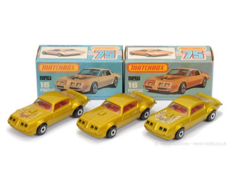 Matchbox Superfast 3 x 16b Pontiac Firebird - all are metallic yellow-gold body, clear windows, red interior, bare metal "No.