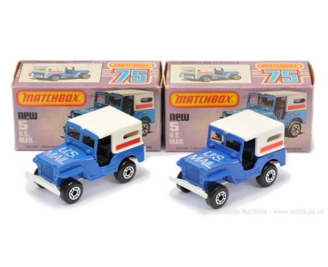 Matchbox Superfast 2 x 5c Jeep US Mail Truck - both are dark blue body (slight shade difference), black interior, white "No.3