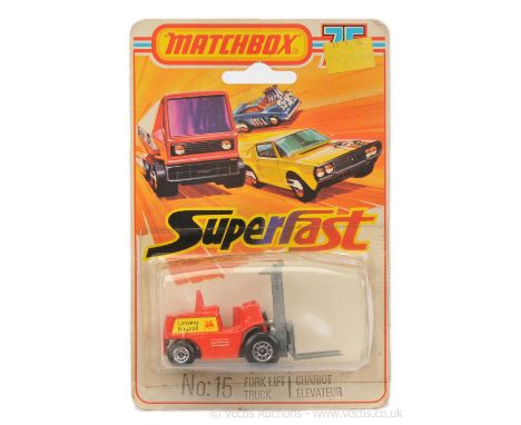 Matchbox Superfast 15b Lansing Bagnall Forklift Truck - lighter shade red body with cast steering wheels, labels facing front