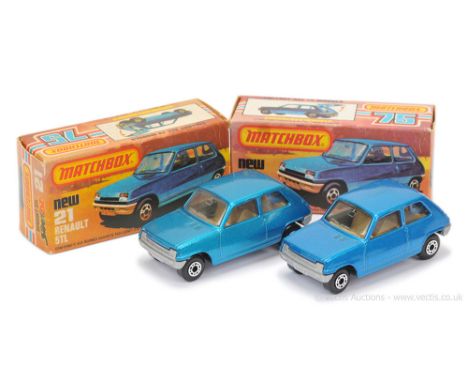 Matchbox Superfast 2 x 21c Renault 5TL - both are metallic blue body (shade difference between models), clear windows, dark t