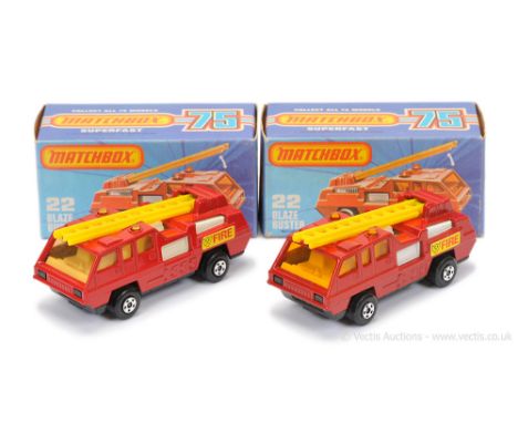 Matchbox Superfast 2 x 22c Blaze Buster Fire Engine - both are dark red body, lemon yellow plastic ladder, white interior, 5-