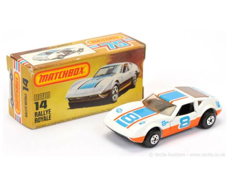 Matchbox Superfast 14c Rallye Royale (Monteverdi Hai) - white body with orange &amp; blue racing number 8 Tampo Print, window